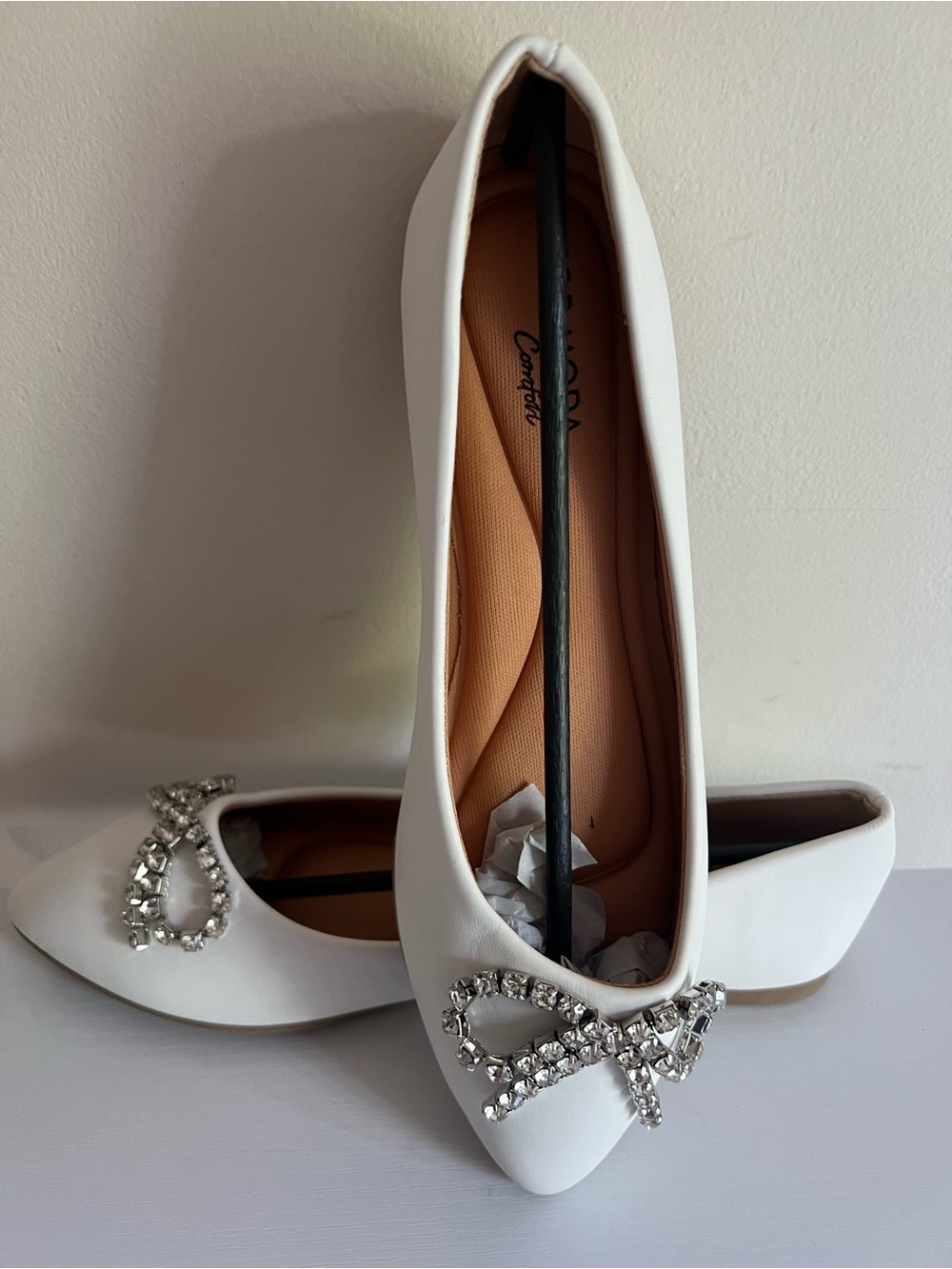 White Crystal Bow Pointed Toe Flats